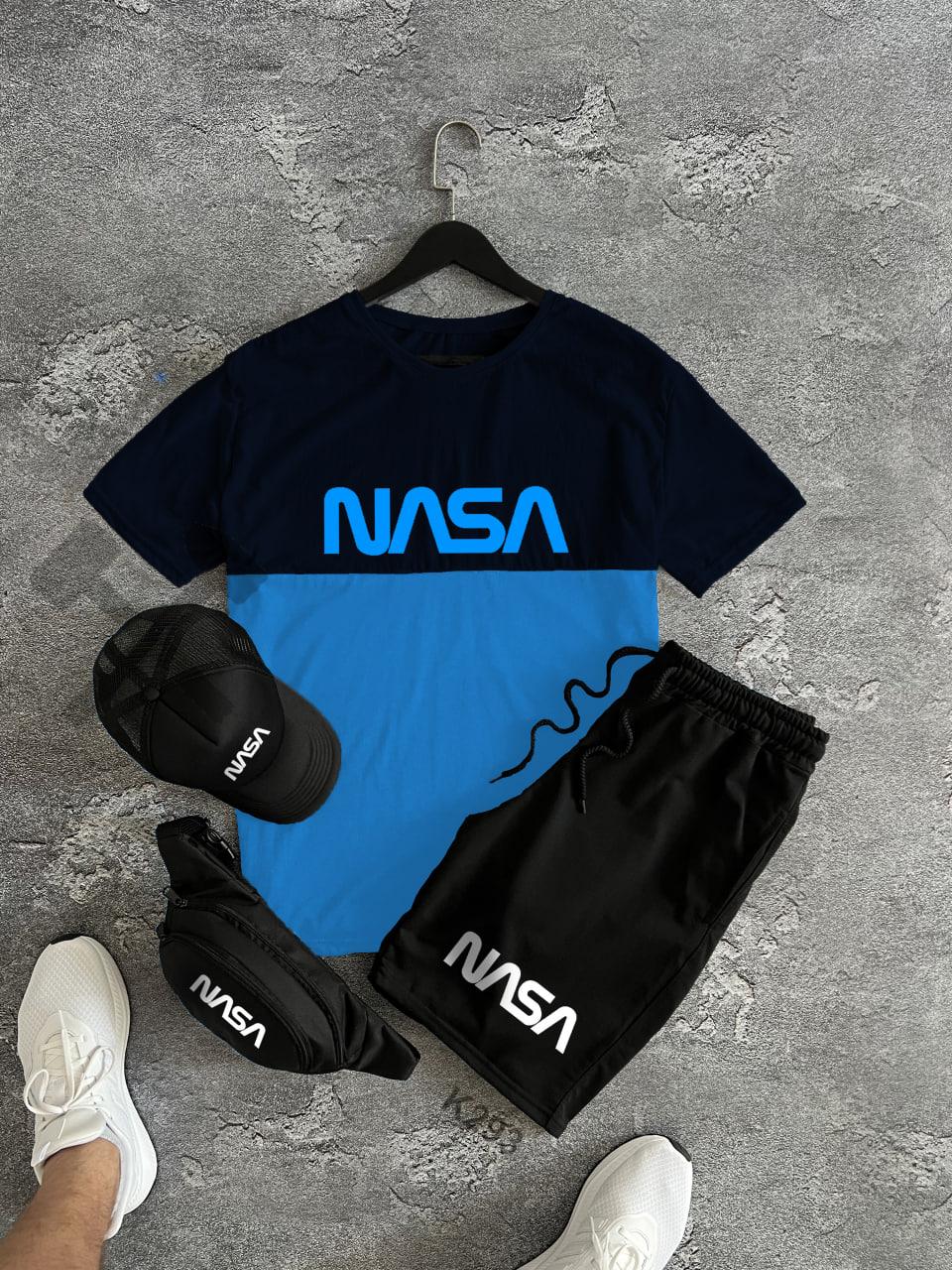 Чоловічий літній костюм Nasa Футболка + Шорти + Кепка + Барсетка у подарунок чорний із синім комплект Наса, фото 1