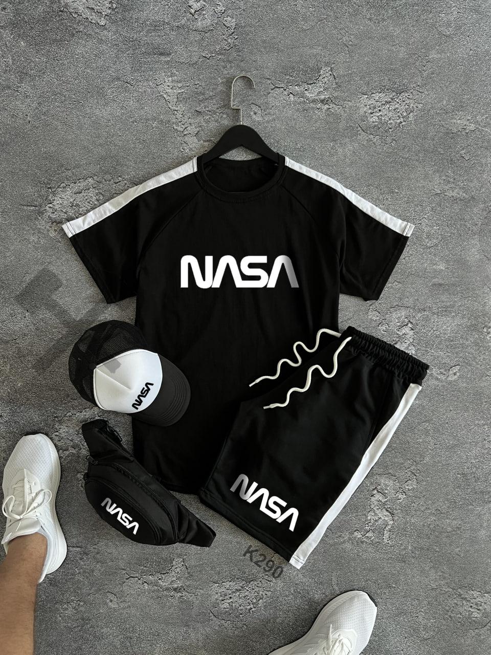 Чоловічий літній костюм Nasa Футболка + Шорти + Кепка + Барсетка у подарунок чорний комплект Наса, фото 1