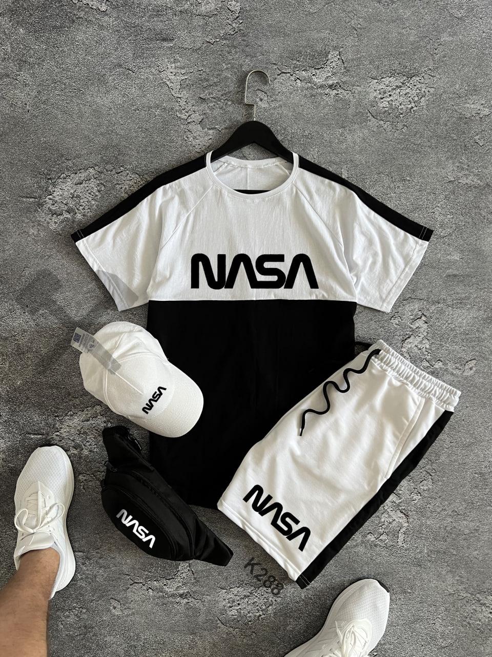 Чоловічий літній костюм Nasa Футболка + Шорти + Кепка + Барсетка у подарунок білий з чорним комплект Наса