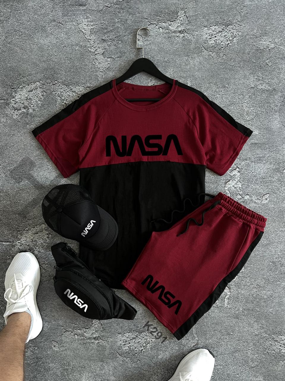 Чоловічий літній костюм Nasa Футболка + Шорти + Кепка + Барсетка у подарунок червоний з чорним комплект Наса