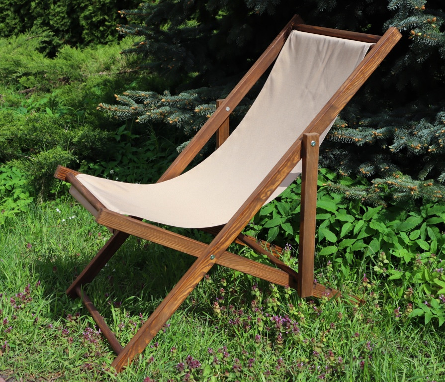 Розкладне дерев’яне крісло шезлонг з тканиною, для дачі, пляжу чи кафе. Колір каркасу: Коричневий
