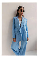 Жіночий класичний костюм (двубортний піджак + штани палаццо) молочний, малина, блакитний Блакитний, 42/44
