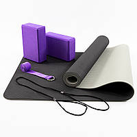 Килимок для йоги (каремат для фітнесу) TPE + блок для йоги 2шт + ремінь для йоги OSPORT Set 87 (n-0117) Сіро-фіолетовий