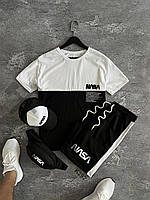 Мужской летний костюм Nasa Футболка + Шорты + Кепка + Барсетка в подарок белый с черным комплект Наса