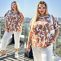 Літній жіночий костюм із брибжами з двонитки пеньє з футболкою великі розміри, фото 3