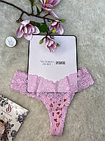Трусики Victoria's Secret XS стринги хб с кружевным поясом розовые с сердечками Виктория Сикрет