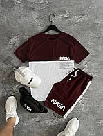 Чоловічий літній костюм Nasa Футболка + Шорти + Кепка + Барсетка у подарунок бордовий з білим комплект Наса