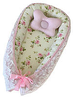 Кокон гнездышко позиционер для новорожденных Сладкий Сон "Нежные розы" с ортопедической подушкой Розовый