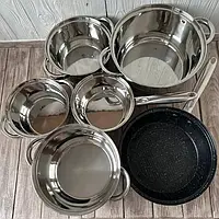 Набір посуду Rainberg RB-601 з нержавіючої сталі, включає каструлі та сковороду (12 предметів)