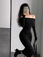 Платье из плотного рубчика с открытыми плечиками черный-RudSale