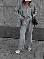 Жіночий брючний костюм (піджак оверсайз+вільні штани+жилет) костюм сірий