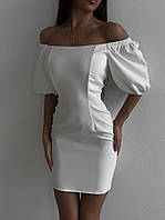 Летнее платье приталенного силуэта с пышными рукавами белый-RudSale