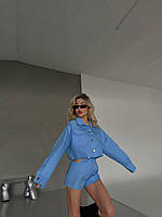 Блакитний жіночий костюм-двійка з котону: Укорочена джинсова Куртка на гудзиках та Шорти з відкритими кишенями