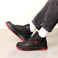 Кроссовки зимние кожаные Черные красные кроссы для мужчины Shoper Кросівки зимові шкіряні Чорні червоні кроси