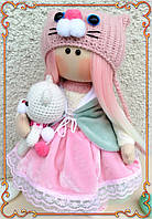 Інтер'єрна текстильна лялька Руна у шапочці Кішечки, подарункова, іграшка, ручна робота, висота 31 см