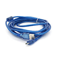Кабель USB 2.0 (AM/Miсro 5 pin) 3м, прозрачный синий, Пакет o