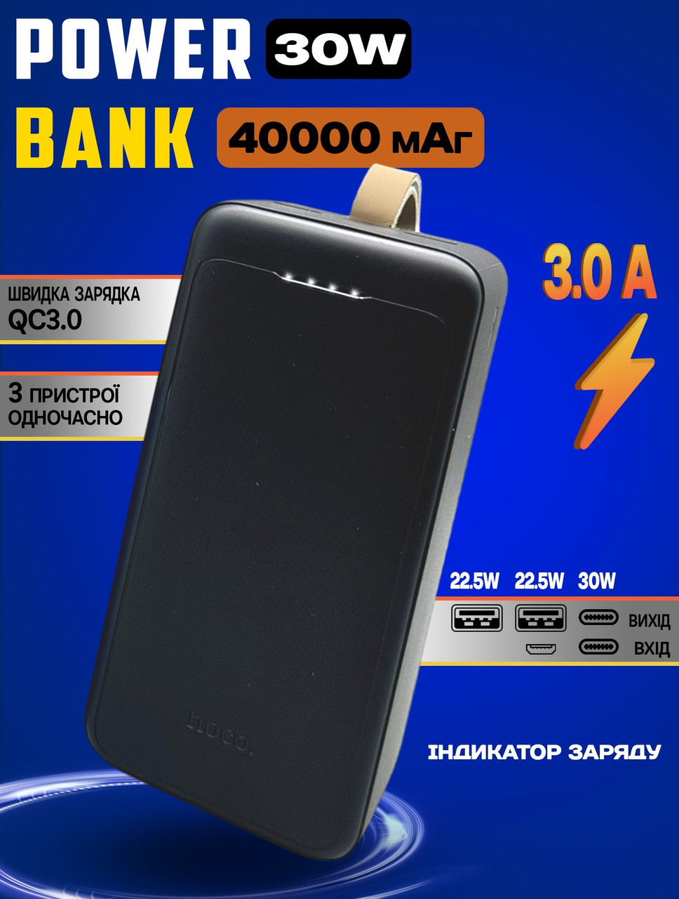 Потужний повербанк HOCO J111C-40000mAh-PD30W Smart charge 2USB micro USB, Type-C, фото 1