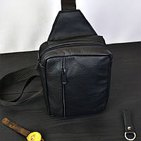Сумка мужская - кожаная, нагрудная сумка слинг кожаная черная на SG-554 3 кармана tis mus