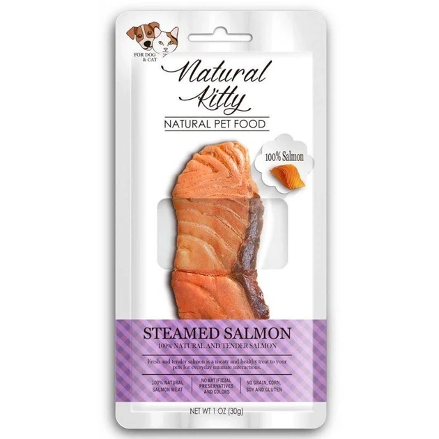 Ласощі Natural Kitty для котів і собак у вигляді шматочків лосося, приготованих на пару 30 г