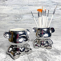 Підставка склянка для манікюрного приладдя, пилок, пензлів, керамічна "Ведмедик" - срібло