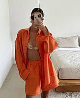 Костюм женский, рубашка с длинным рукавом и шорты, лен жатка оранж, S-M