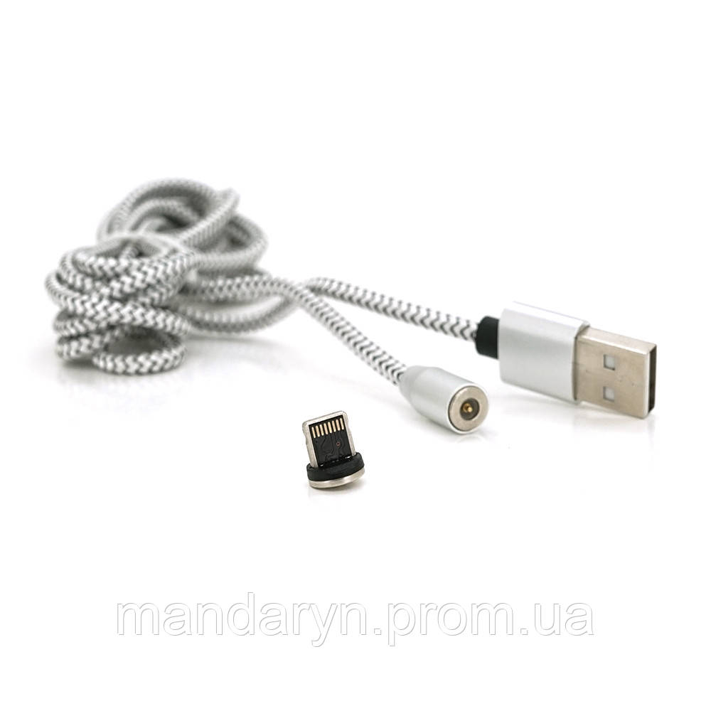Магнитный кабель PiPo USB 2.0/Lighting, 2m, 2А, тканевая оплетка, бронированный, съемник, Silver, BOX b - фото 1 - id-p2062941792