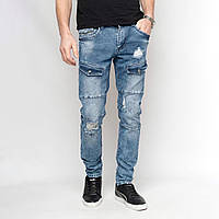 Стильные мужские джинсы, с потертостями, качественный котон, синего цвета, 28-34