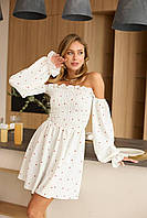 Жіноча коротка сукня стильна вечірня пишний низ відкриті плечі підкреслює фігуру довгий рукав білий з сердечка
