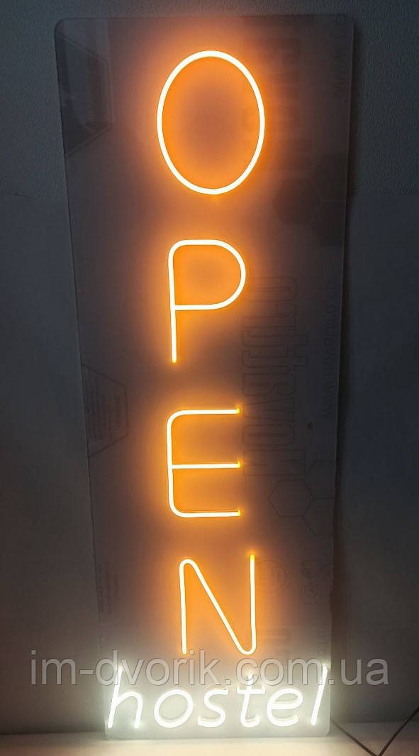 Неонова вивіска Open hostel 1000х300 мм з пультом