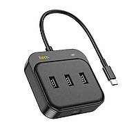 Хаб HOCO HB35 Easy link 4-in-1 100 Mbps Ethernet Adapter(Type-C to USB2.0*3+RJ45)(L=0.2M) Black mus