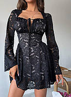 Женское классическое короткое платье длинный пышный рукав пышный низ черный