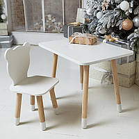 Детский белый прямоугольный столик и стульчик белый медведь. Столик для игр, уроков, еды. Белый столик 6013