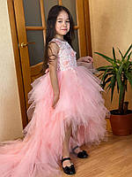 Праздничное платье для девочки со шлейфом розовое