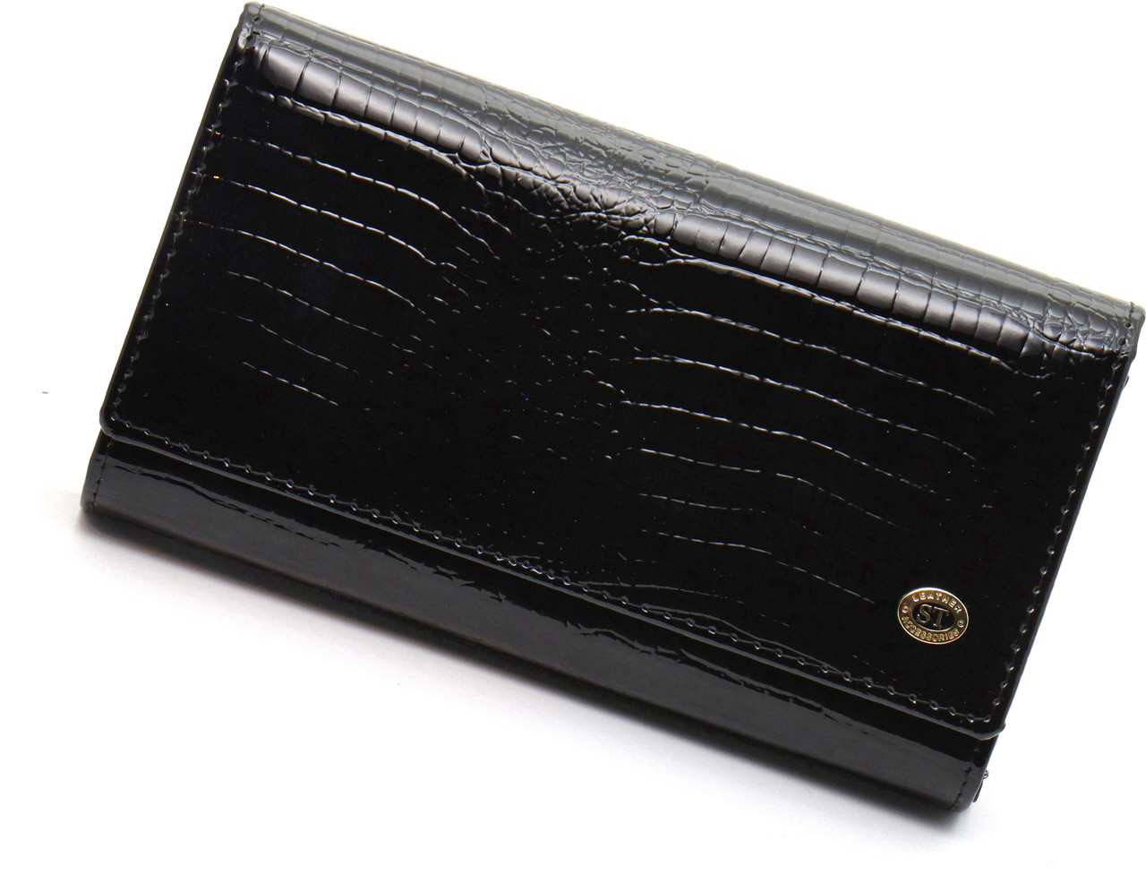 Чорний лаковий гаманець з великою монеткою та блоком для карт ST Leather S9001A