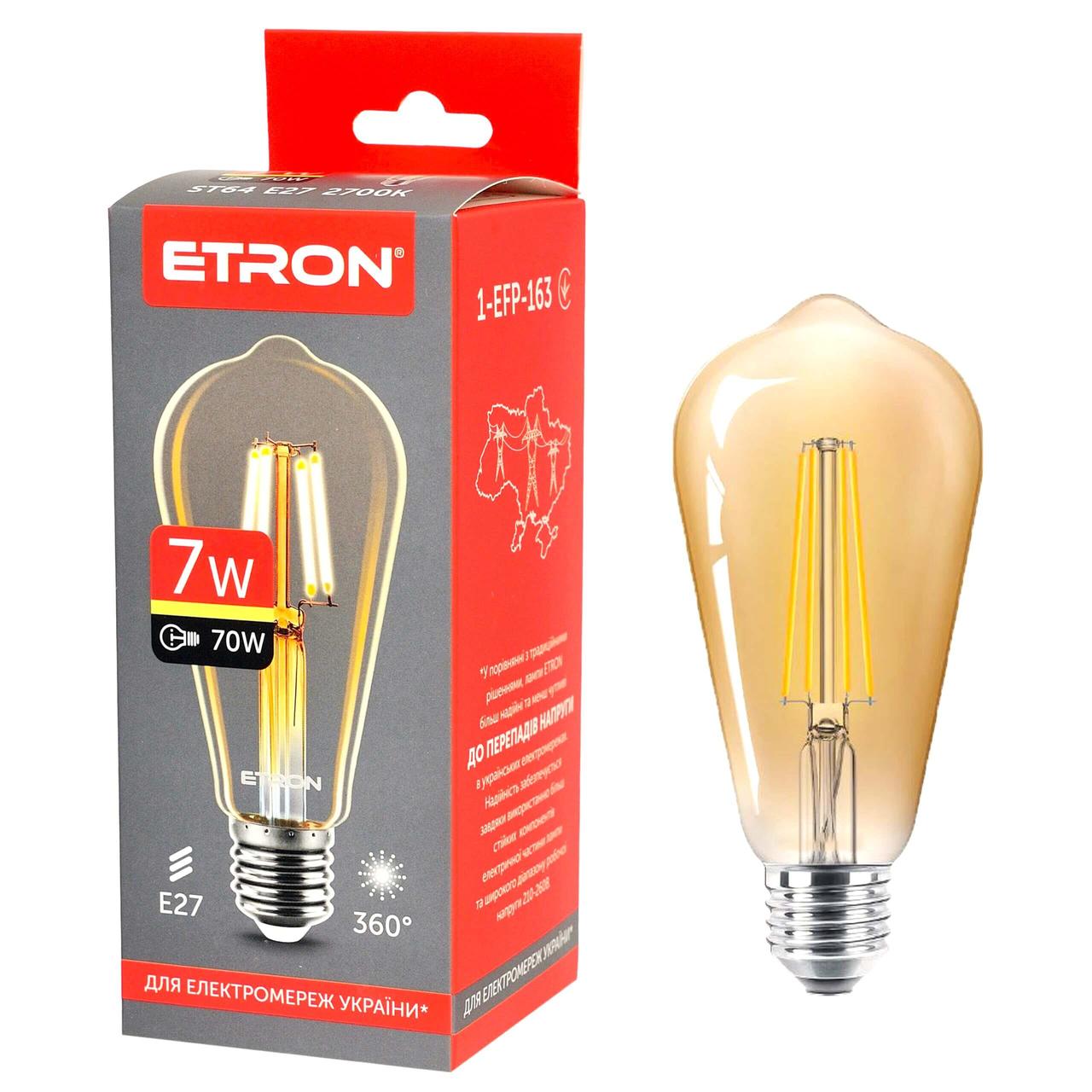 Економічна світлодіодна філаментна лампа для лофту ETRON Filament ST64 7W E27 2700K золото