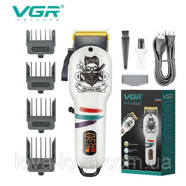 Профессиональная аккумуляторная машинка для стрижки волос VGR V-699 с 4 сменными насадками (3-12 мм) Белый