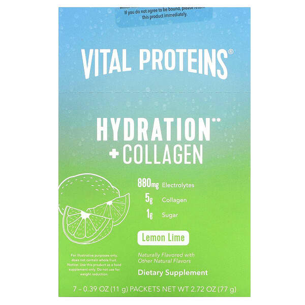 Vital Proteins, Гидрация + Коллаген, лимон и лайм, 7 пакетиков по 11 г
