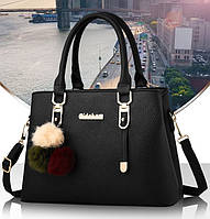 Черная женская сумка с меховым брелоком сумочка Dobuy Чорна жіноча сумка з хутряним брелоком сумочка