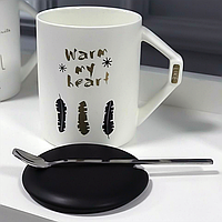 Кружка с крышкой и ложкой "Фэшн", 375мл (Керамическая чашка для кофе и чая) Три пір'їнки
