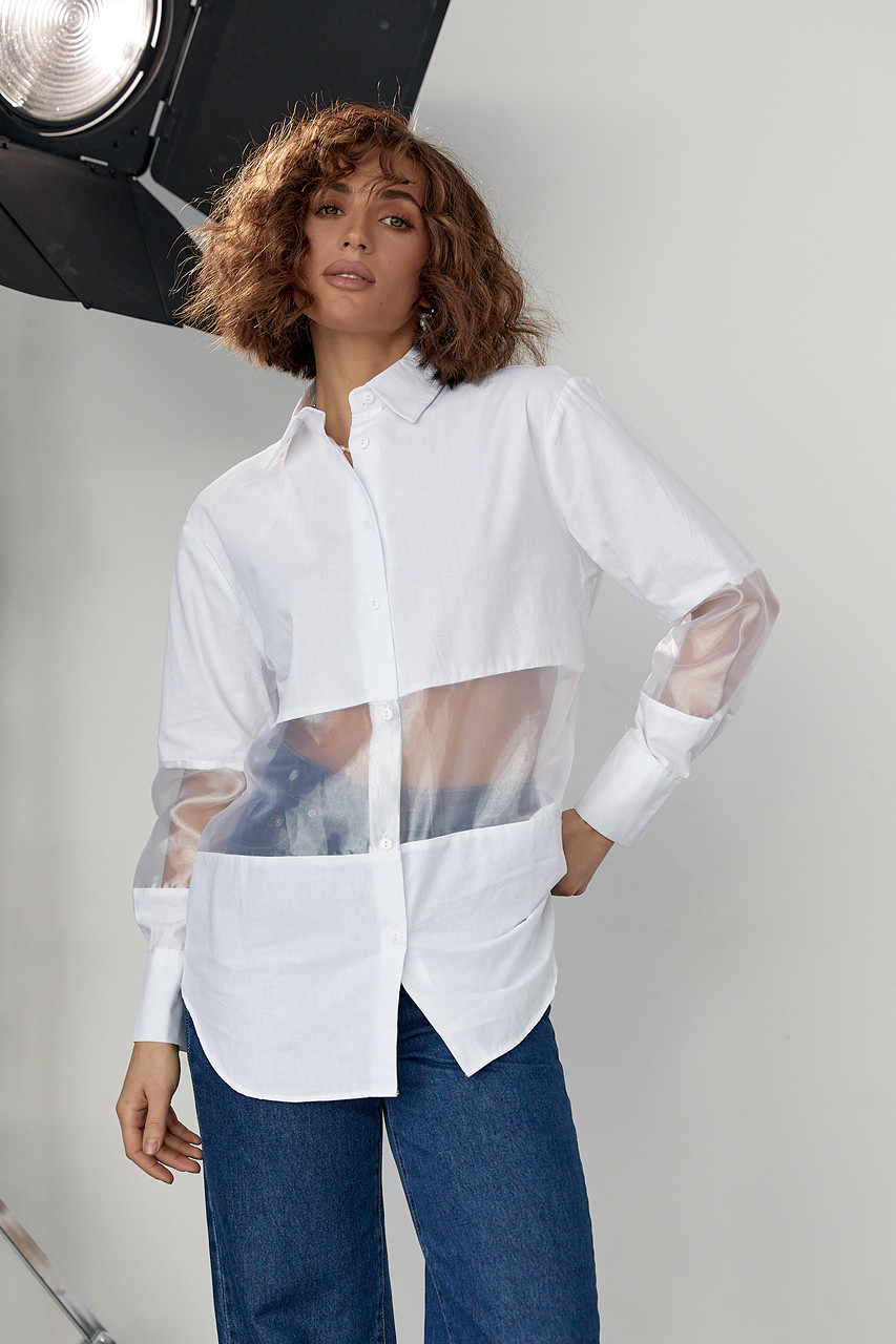 Подовжена жіноча сорочка з прозорими вставками — білий колір, M (є розміри)