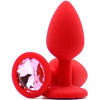 Червона силіконова анальна пробка з рожевим кристалом, M sexstyle