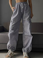 Оверсайз женские штаны карго с карманами (из плащевки) черные, серые Серый