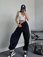 Широкие женские штаны карго из плащевки (черные, хаки) 42-44 и 44-46
