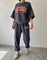 Летний женский оверсайз костюм MICHIGAN футболка + штаны / джоггеры (меланж, графит)