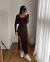 Женское однотонное длинное платье с разрезом (черное, шоколадное, бежевое) S-M, M-L размеры Шоколад, 42/44