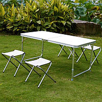 Стол для пикника и 4 стула белый, Комплект для кемпинга и пикника,Раскладной алюминиевый стол чемодан + 4 ст