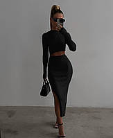 Женский костюм рубчик топ с длинным рукавом + юбка с разрезом (черный, бежевый, шоколад)