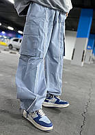 Женские широкие штаны карго на затяжках с карманами из плащевки (черные, оливковые, голубые) 42-46 размеры
