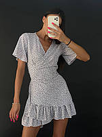 Женское летнее платье на запах в горох с коротким рукавом (белое, черное) 42-46 размер