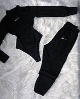 Черный женский повседневный костюм найк со стразами двойка (боди + штаны) 40-42 и 44-46 размеры